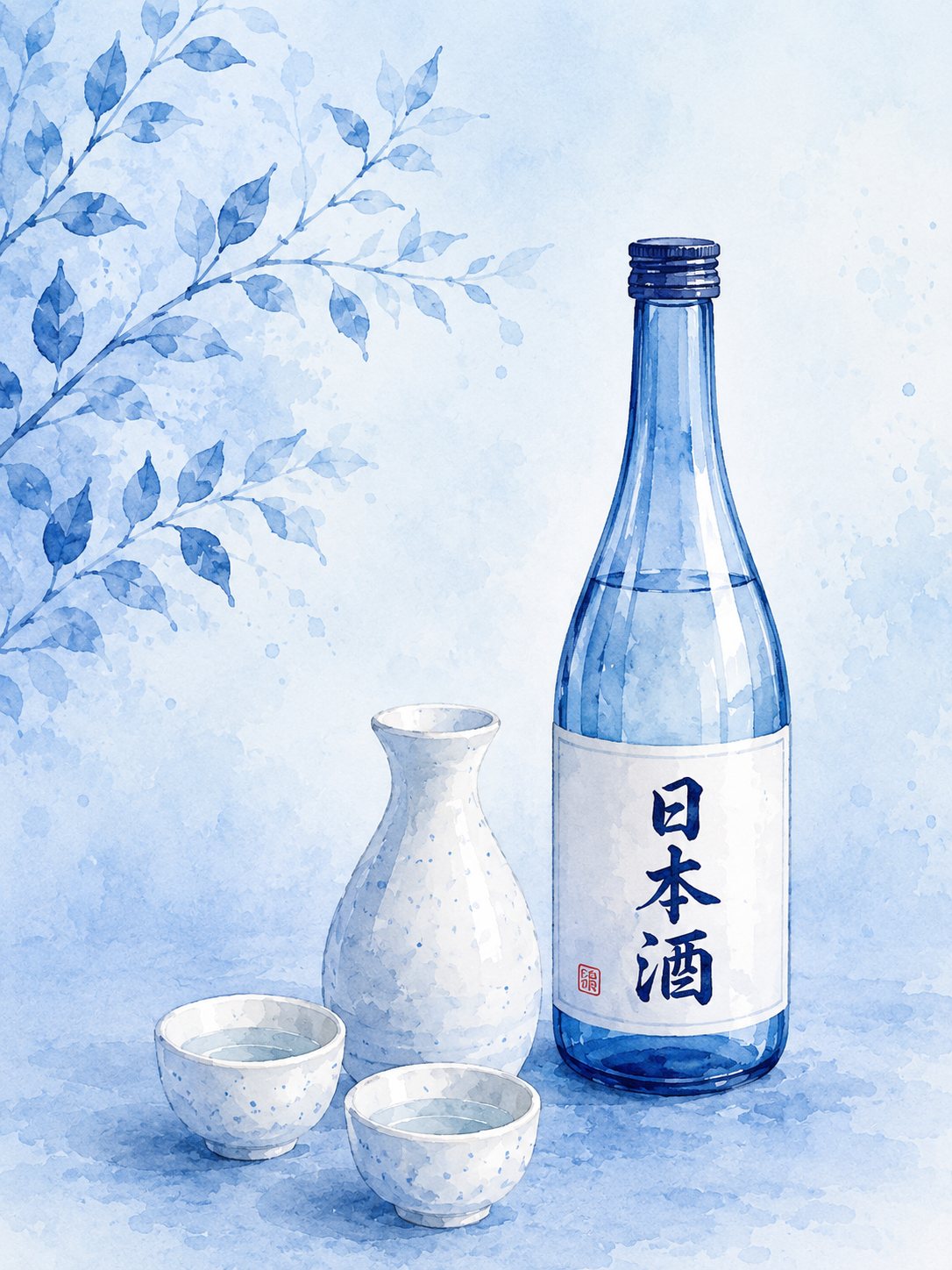 酒サロンのイメージ（日本酒の一升瓶と徳利・お猪口の水彩イラスト）